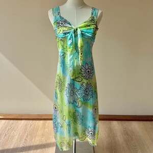 Vintage Y2K Blue Green Floral Handkerchief Hem Tie Front Dress